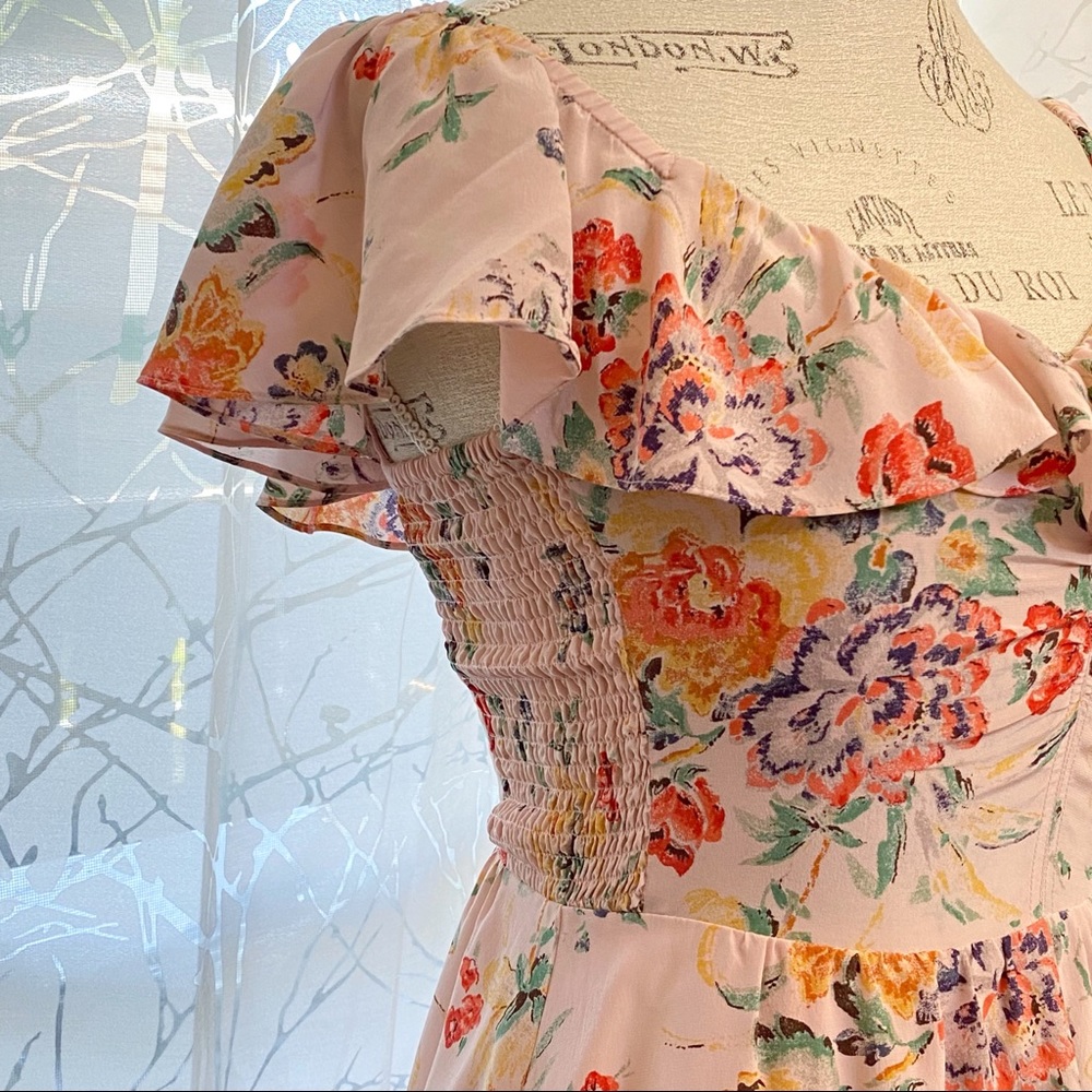 Rebecca Taylor Marlena pink green yellow floral print silk ruffle neckline dress - Picture 8 of 13